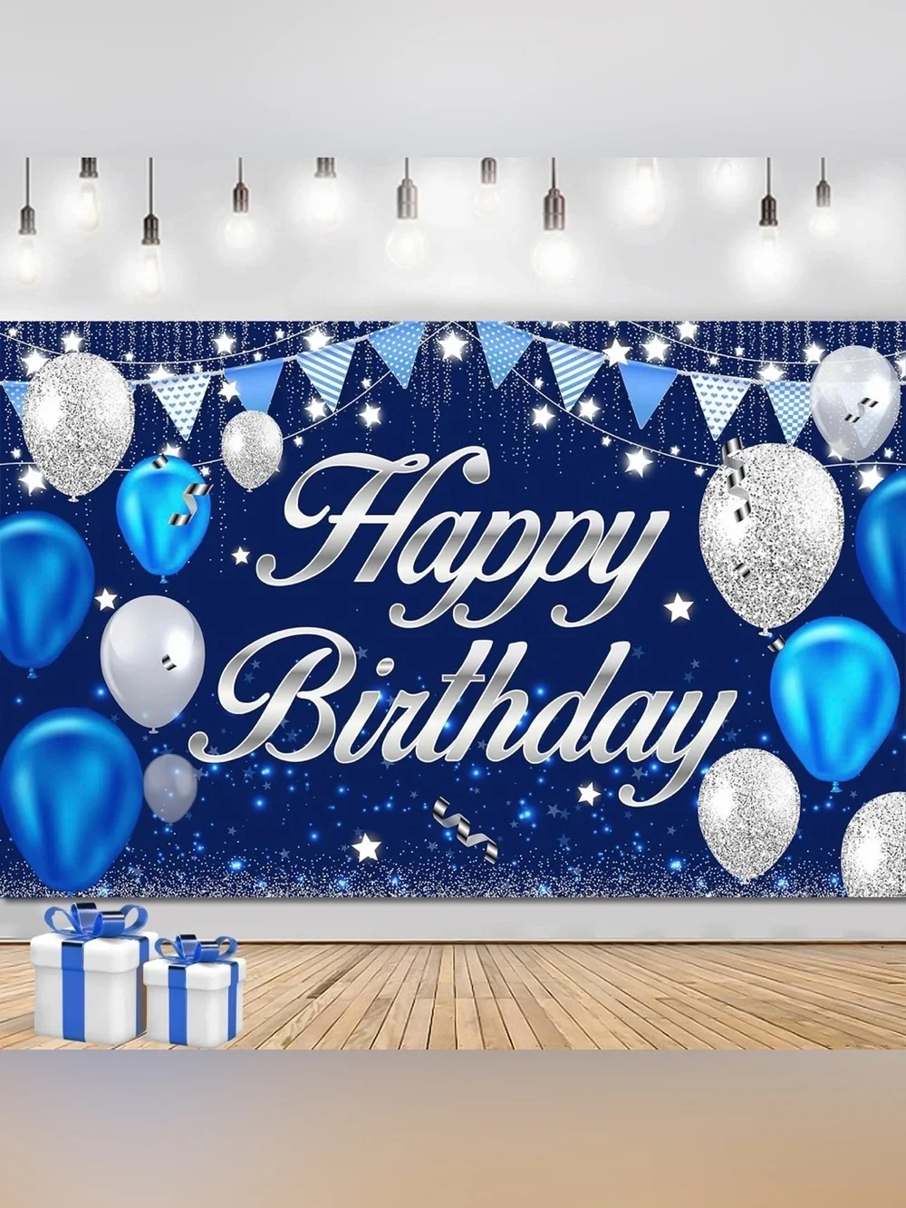 Giant Happy Birthday Banner/ Blue Sliver /Indoor Outdoor 83